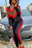 Black Sportswear Twilled Satin Patchwork Print Patchwork Turndown Collar Long Sleeve Regular Sleeve Regular Two Pieces