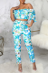 Blue Sexy Print Patchwork Off the Shoulder Half Sleeve Two Pieces