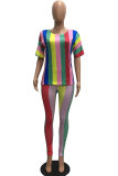 Black yellow Fashion Casual adult Striped Patchwork Print contrast color Two Piece Suits pencil Short Sleeve Two Pieces