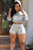 Silver Elastic Fly Mid Solid Patchwork pencil shorts Two-piece suit