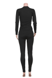 Black Casual Solid Patchwork O Neck Long Sleeve Two Pieces