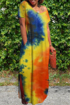 Orange Casual Patchwork Tie-dye Slit V Neck Straight Dresses