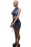 Blue Sexy Print Patchwork Mandarin Collar Sleeveless Two Pieces