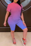 Blue Red Casual Gradual Change Patchwork O Neck Short Sleeve Two Pieces