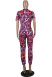 purple Sexy Fashion Print Patchwork Short Sleeve V Neck Jumpsuits