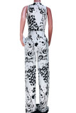 Black White Sexy Print Bandage Patchwork V Neck Loose Jumpsuits