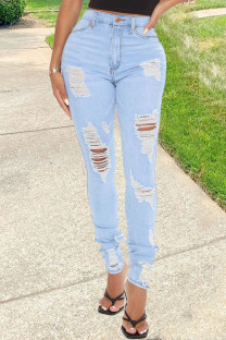 Light Blue Street Solid Ripped Make Old Mid Waist Skinny Denim Jeans