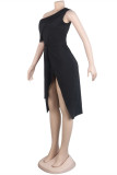 Black Fashion Sexy Solid Backless Asymmetrical Oblique Collar Sleeveless Dress