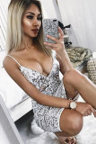 Silver Sexy Spaghetti Strap Sleeveless V Neck Step Skirt Knee-Length Print Club Dresses