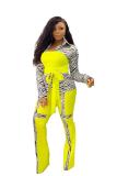 Yellow adult OL Fashion Bandage Print Two Piece Suits Patchwork contrast color Loose Long Sleeve