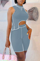 Grey Fashion Casual Solid Patchwork Asymmetrical Half A Turtleneck Sleeveless Two Pieces