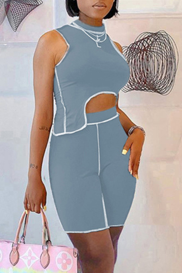 Grey Fashion Casual Solid Patchwork Asymmetrical Half A Turtleneck Sleeveless Two Pieces