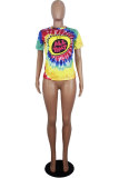 Blue White Blue Orange Yellow colour O Neck Short Sleeve Patchwork Print Character Tops