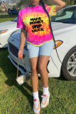 Rose Red Street Patchwork Tie-dye O Neck T-Shirts