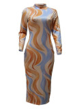 Green Sexy Milk Fiber Print O Neck Long Sleeve Ankle Length Pencil Skirt Dresses