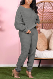 Grey Fashion Solid Patchwork One Shoulder Long Sleeve Two Pieces