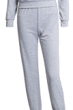 Grey Elastic Fly Mid Patchwork Print Solid Straight Pants Bottoms