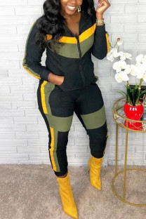 Army Green Casual Patchwork Zipper Collar Long Sleeve Two Pieces