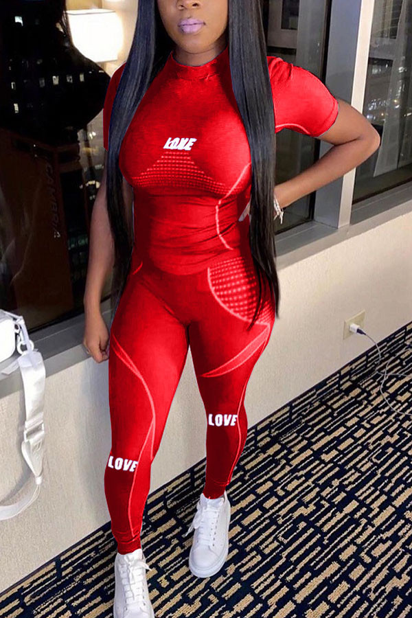 Red Milk Silk Fashion Active adult Ma'am Letter Two Piece Suits Straight Short Sleeve Two Pieces