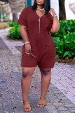 Burgundy Fashion Casual Solid Pocket V Neck Loose Romper
