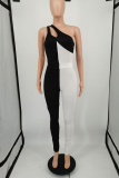 Pink Sexy Solid Patchwork One Shoulder Skinny Jumpsuits