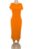 Cyan Fashion Casual White Red Black Orange Yellow Cyan Cap Sleeve Short Sleeves O neck Pencil Dress Mid-Calf Solid Dresses