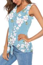 Light Blue V Neck Sleeveless asymmetrical Print Button Floral Sweaters & Cardigans