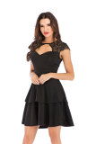 Wine Red Sexy O neck Princess Dress Mini hollow out Patchwork lace 