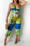 Blue Purple Sexy Casual Print Tie Dye Backless V Neck Sleeveless Two Pieces