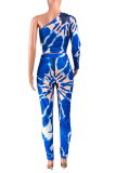 Royal Blue Sexy Patchwork Tie-dye One Shoulder Long Sleeve Two Pieces