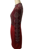 Burgundy Street Print See-through Mesh O Neck Pencil Skirt Dresses