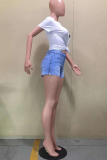 Baby Blue Sexy Solid High Opening Mid Waist Skinny Denim Shorts