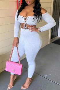 Grey Sexy Casual Solid Strap Design Bateau Neck Long Sleeve Two Pieces