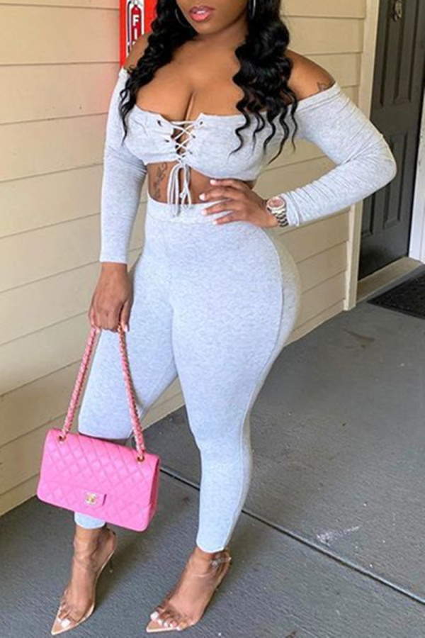 Grey Sexy Casual Solid Strap Design Bateau Neck Long Sleeve Two Pieces