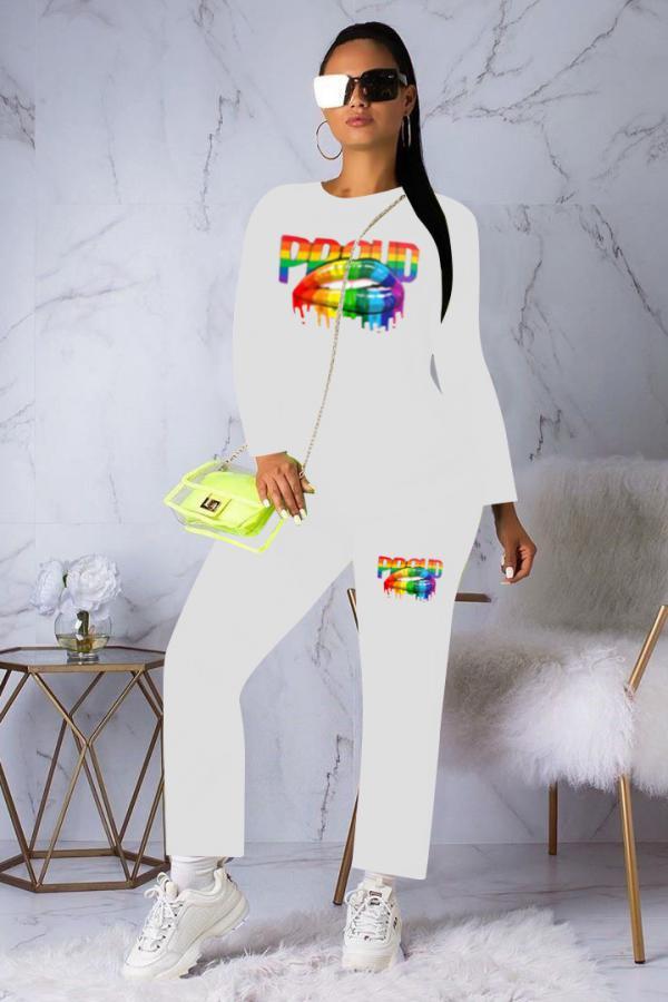 White adult Active Fashion Casual Lips Print Print Two Piece Suits Solid pencil Long Sleeve Two