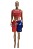 Red Sportswear Print Patchwork Spaghetti Strap Sleeveless Two Pieces