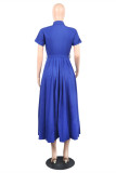 Blue Fashion Casual Solid With Belt Turndown Collar Short Sleeve Dress