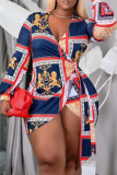 Red Blue Fashion Sexy Print Asymmetrical V Neck Long Sleeve Dresses