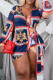 Red Blue Fashion Sexy Print Asymmetrical V Neck Long Sleeve Dresses