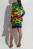 Multi-color Fashion Sexy Print Hollowed Out O Neck Printed Dress