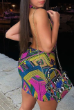 Purple Sexy Print Patchwork Halter Pencil Skirt Dresses