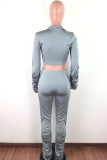 Yellow OL Solid Draped crop top Boot Cut Long Sleeve Two Pieces
