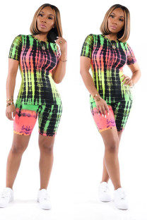 Decorative pattern Casual Patchwork Print Gradient contrast color pencil Short Sleeve Two Pieces
