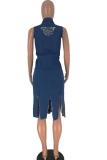Light Blue The cowboy adult Sexy Fashion Tank Sleeveless Turndown Collar Asymmetrical Mid-Calf Solid hollow out
