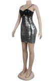 Silver adult Fashion Sexy Spaghetti Strap Sleeveless Slip Step Skirt skirt Sequin Solid Club Dre
