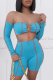 Light Blue Street Solid Bandage Strapless Long Sleeve Two Pieces