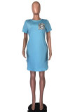 Light Blue Fashion adult Street Pink Yellow Light Blue purple Cap Sleeve Short Sleeves O neck Pencil Dress Knee-Length Print Patchwork Leopard Pocket Dresses