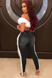 Dark Blue Denim Zipper Fly High Hole Tassel pencil Pants Pants