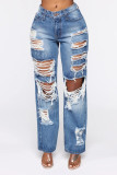 Blue Denim Zipper Fly High Hole Straight Pants Bottoms