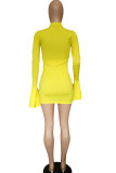 Black Sexy Bell sleeve Long Sleeves O neck Step Skirt skirt Solid Patchwork stringy selvedge Cl